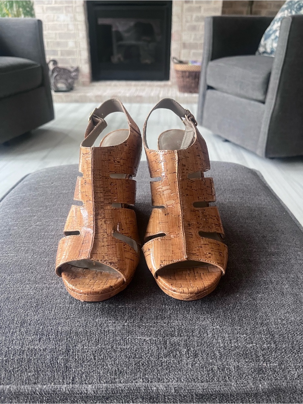 Donald J. Pliner Tan Cork Peep-Toe Cutout Wedge Sandals